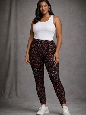 No Boundaries Black Leggings with Red, Pink, and Cream Heart Print